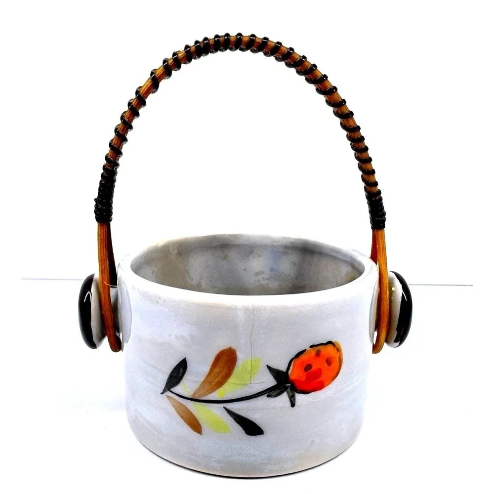 Vintage Mini Ceramic Basket Red Floral Wire Wrapped Handle Cottage‎ Decor